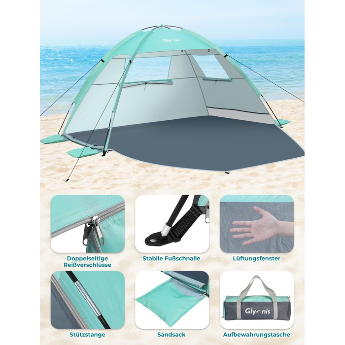 Пляжний намет Glymnis Beach Shelter з 2 дверима на блискавці, захист від ультрафіолету UPF50, вітронепроникний, невеликий розмір у упаковці, пляжний намет для 2-3 осіб