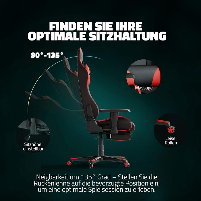 Ергономічне офісне крісло Game Hero - Ігрове крісло з подушкою для стегон та підголівником - Геймерське крісло з підставкою для ніг - Шкіряне крісло для роботи, Ігрове крісло до 125 кг - Winner X1 (червоне)