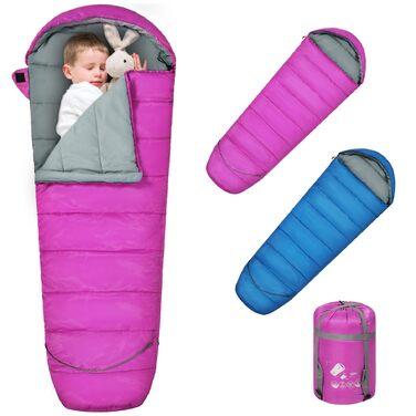 Дитячий спальний мішок REDCAMP для хлопчиків та дівчаток 175 x 65 см, матусин спальний мішок, зручний, легкий та теплий з регульованою довжиною, 3 сезони, підходить для кемпінгу та активного відпочинку, синій/рожевий