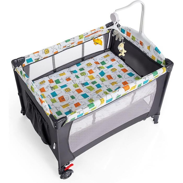 Дитяче ліжечко LIFEZEAL з матрацом, складне дитяче ліжечко з пеленальною дошкою та іграшками, дорожнє ліжечко з тканини Оксфорд, 2 рівні, регульована висота, вантажопідйомність 10/15/10 кг (сірий колір)