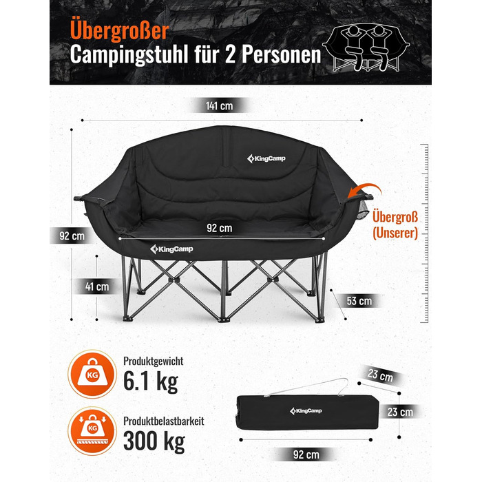 Розкладний кемпінговий диван KingCamp (до 300 кг), розкішне розкладне кемпінгове крісло для 2 осіб, м&39який кемпінговий диван з підлокітниками, подвійне кемпінгове крісло з високою спинкою, 1-, 2- та 3-місна кемпінгова лавка для саду або балкону (L - чор