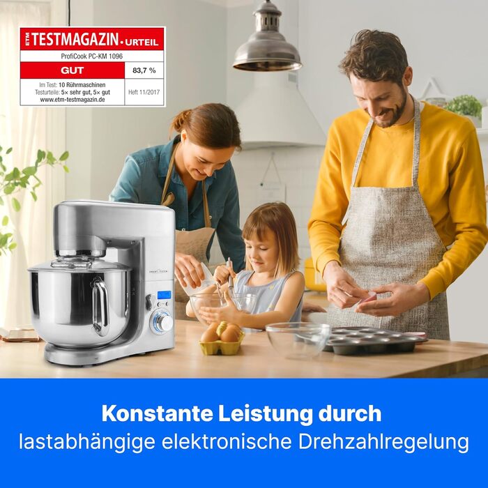 Кухонний комбайн ProfiCook з чашею з нержавіючої сталі XXXL Міксер 10 л з двигуном 1500 Вт Тістомісильна машина з гаком і віночком Машина для замішування тіста Захист від бризок з отвором для наповнення PC-KM 1096 Нержавіюча сталь 10 літрів