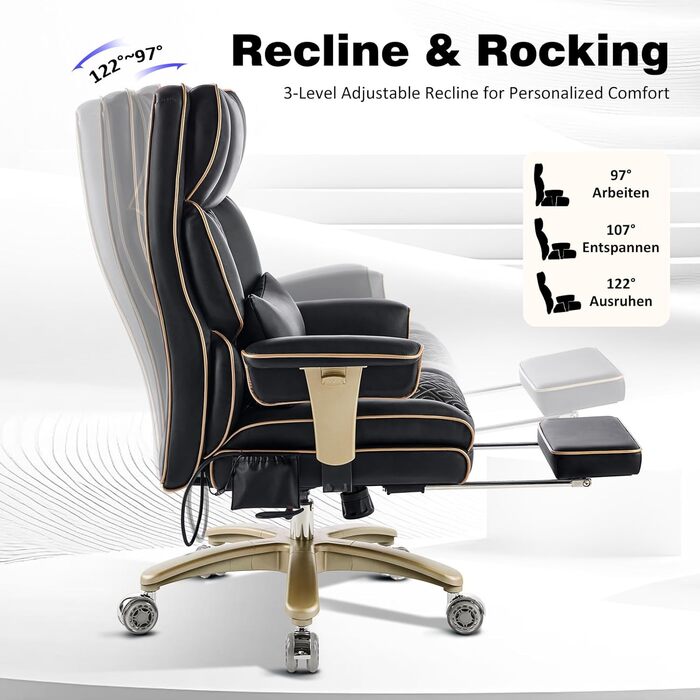 Ергономічне офісне поворотне крісло Hellove з пневматичною поперековою опорою, стілець зі штучної шкіри з підставкою для ніг, функцією нахилу та повороту, шумопоглинаючі колеса, чорний колір