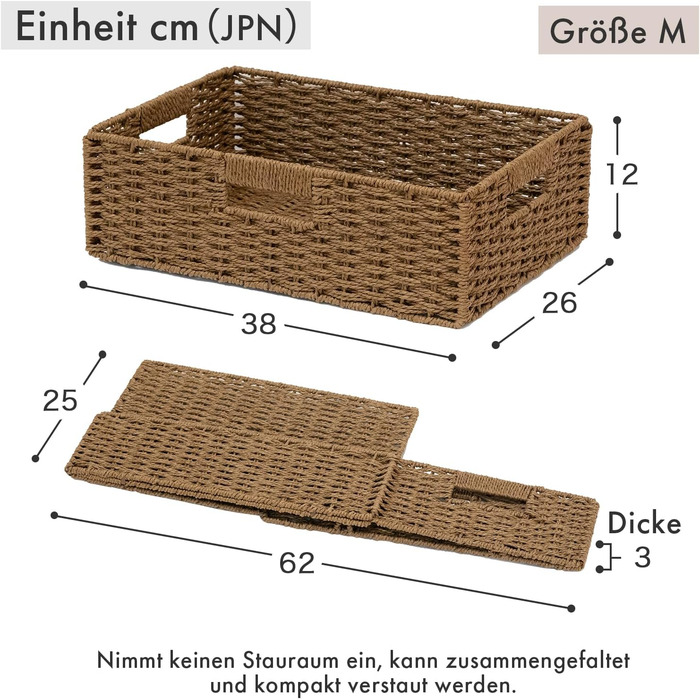 Складані кошики для одягу, Складані кошики з паперової мотузки з натуральних інгредієнтів для організації, Міцні кошики з ручками, Організатори для шаф та полиць, Складані кошики для одягу (чорний, M) Чорний M