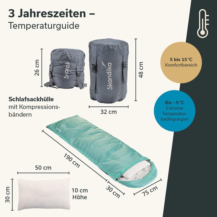 Спальний мішок Skandika Skye Blanket Спальний мішок на 3 сезони з подушкою, що з&39єднується, 220 x 75 см, наповнювач з мікрофібри 250 г/м, внутрішня кишеня, можна прати Спальні мішки для вулиці, блакитного кольору Застібка-блискавка зліва