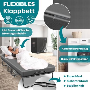 Розкладне ліжко KESSER 200x90 см, гостьове ліжко з матрацом з піни з ефектом пам&39яті та колесами Розкладне дорожнє ліжко з металевим каркасом для дорослих, вантажопідйомність до 250 кг Металеве ліжко з матрацом з піни та преміум-чохлом кольору антрацит
