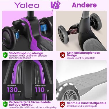 Дитячий самокат YOLEO для 3-12 років, дитячий самокат з 4 регульованими висотами, світлодіодні колеса, що світяться, дитячий самок