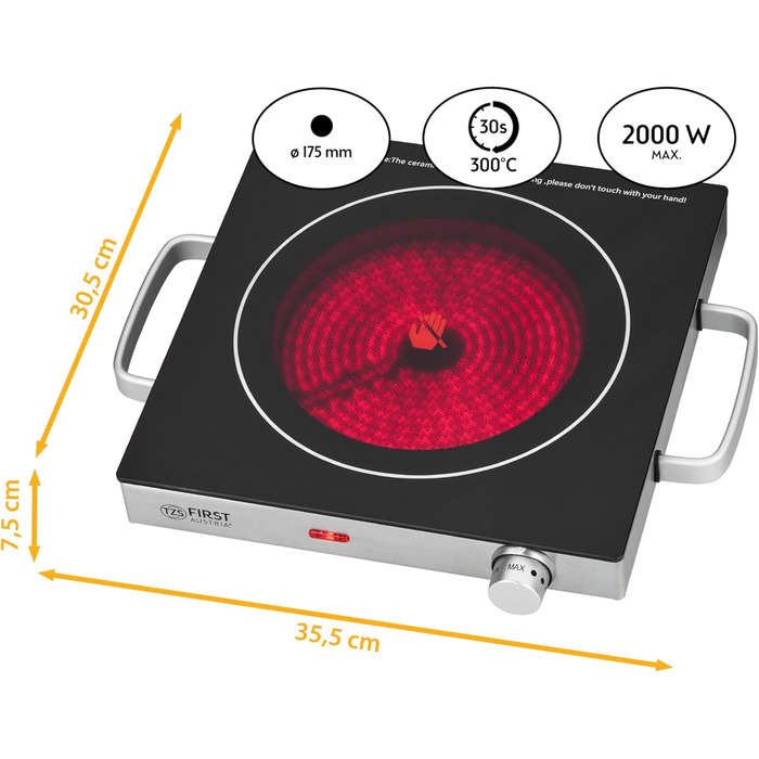 Перша інфрачервона керамічна плита TZS в Австрії ВСІ види горщиків Одинарна конфорка 17,5см Варильна поверхня для переїзду, кемпінгу, будинку для відпочинку - швидке нагрівання та плавне регулювання - один світловий індикатор з чорними ручками