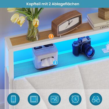 Ліжко 180x200 з металевою рейковою основою, двоспальне ліжко 180x200 см зі світлодіодним підсвічуванням, каркас ліжка 180x200 см з узголів&39ям та зарядною станцією (2 розетки змінного струму, 2 USB-порти) Сучасне, Білий Білий 180x200см