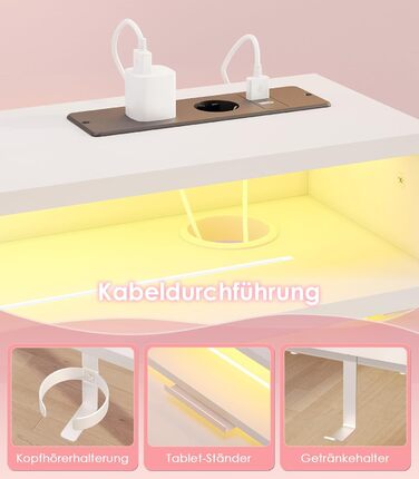 Ігровий стіл OffiGo, стіл з регульованою висотою 140 см, RGB-підсвічуванням та розетками, електричний стіл з 3 відкритими відділеннями для зберігання, тримач для напоїв та навушників, карбонова поверхня білого кольору