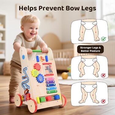 Дерев&39яні ходунки для дітей 8-в-1 з колесами та будівельними блоками, багатофункціональна іграшка-подарунок для малюків від 10 місяців до 1-2 років, кольору дерева