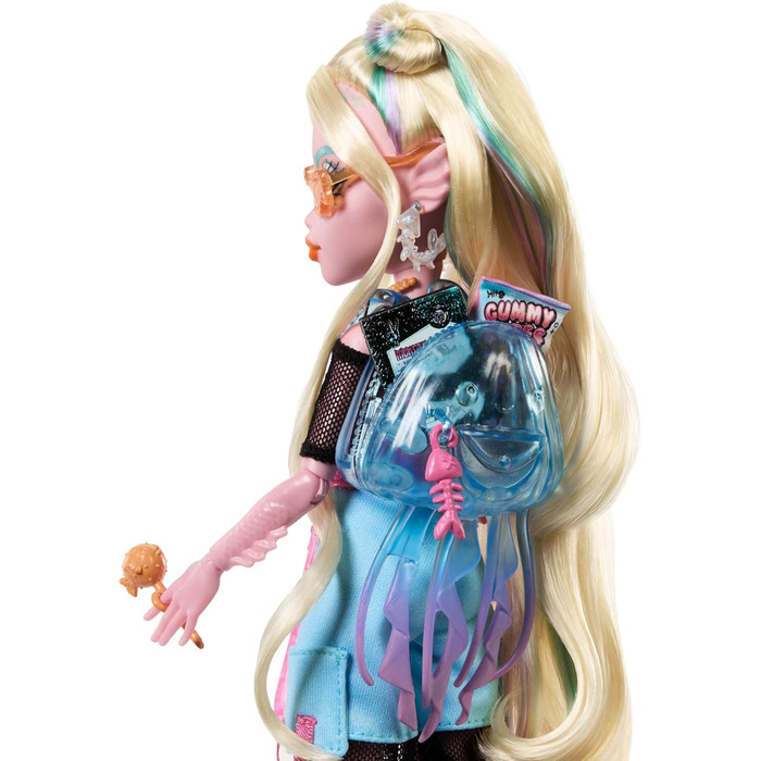 Лялька Monster High Lagoona Blue у сітчастій футболці та штанях-карго з рибкою Нептуною та аксесуарами, такими як рюкзак, перекус та блокнот, HXH75 Lagoona Blue з Нептуною