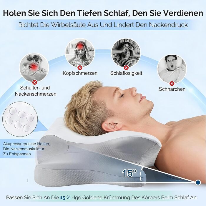 Подушка для шиї з піни з ефектом пам&39яті, знеболювальна охолоджувальна подушка з повільним відновленням, регульована ергономічна ортопедична подушка для сну на боці, спині та животі, сіра