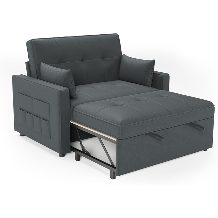 Диван-ліжко 186 x 122 см з 5-позиційним регулюванням спинки, диван-ліжко 3-в-1 з подушками та бічною кишенею, сірий лляний диван для гостьових кімнат та невеликих приміщень