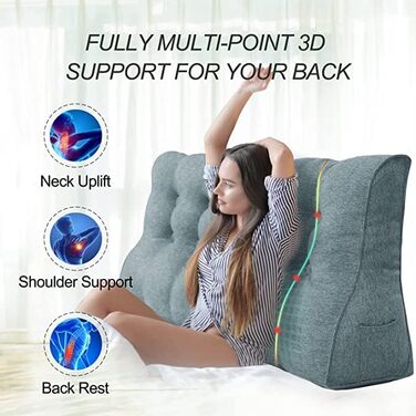 Велика клиноподібна подушка для читання з високою спинкою та поперековою опорою Відчуйте максимальне розслаблення та задоволення від читання з лляним чохлом, який можна прати, 180 см, сірий колір