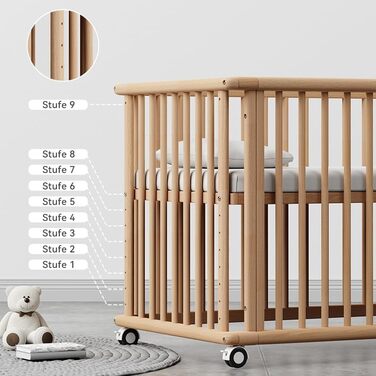 Дитяче ліжко 6-в-1, що трансформується в приліжкове ліжечко, ліжечко, колиска, дитячий стіл, диван-ліжко, нефарбований бук, регулювання висоти у 8 напрямках