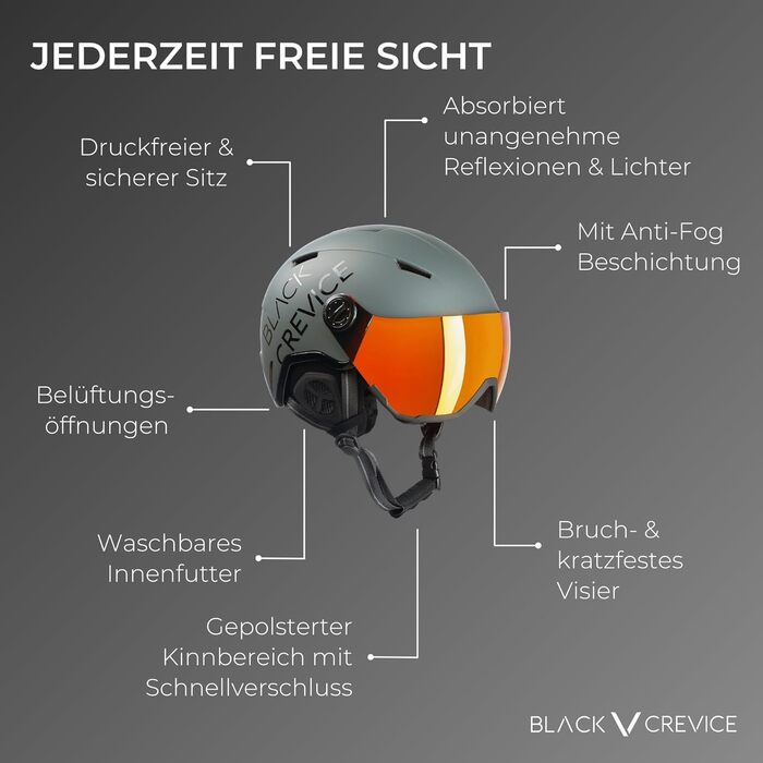 Лижний шолом BLACK CREVICE Vail Лижний шолом у стилі Pilot із козирком Чоловічий та жіночий лижний шолом Полікарбонатний лижний шолом Дихаючий лижний шолом Регульований розмір M (55-58 см) Матовий рушничний метал/Блискучий чорний