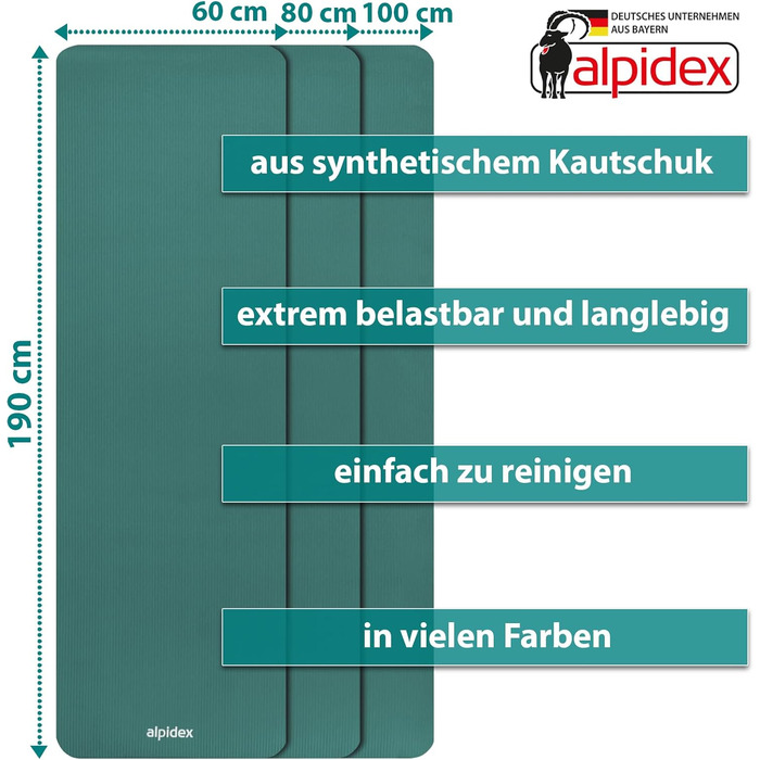 Килимок для йоги ALPIDEX Дуже товстий гімнастичний килимок 1,5 см 3 розміри Нековзний фітнес-килимок без фталатів Ремінь для перенесення Гімнастика Пілатес Спорт Фізіо HiiT Тренувальний килимок для йоги Килимок для сну (бірюзовий, 190 х 80 х 1,5 см)