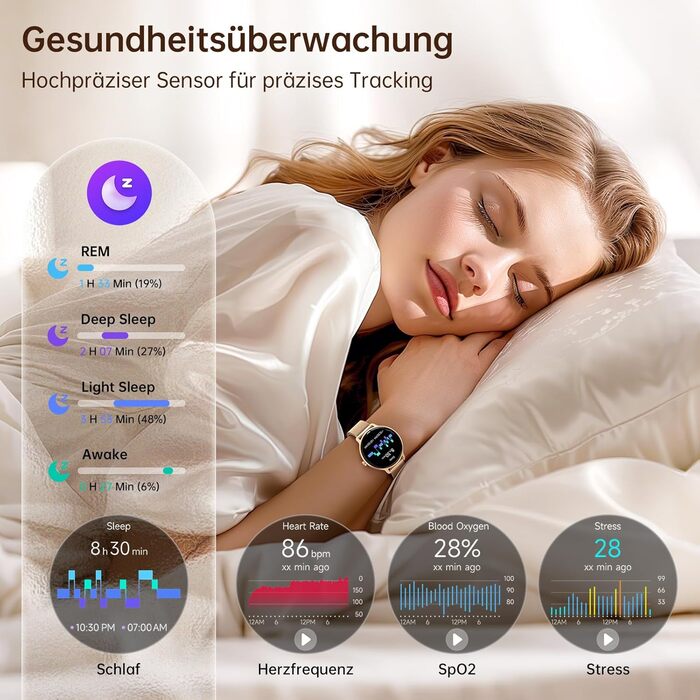 Жіночий круглий смарт-годинник, 1,27-дюймовий AMOLED-смарт-годинник з функцією телефону, фітнес-годинник з монітором серцевого ритму, монітором SpO2, монітором сну, крокоміром, 120 спортивних режимів, водонепроникність IP68, сумісний з iOS та Android, зол