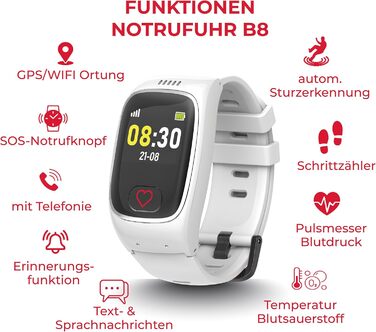 Годинник James B8 для екстрених випадків та безпеки для людей похилого віку GPS, виявлення падіння, кнопка SOS, монітор серцевого ритму, функції для здоров&39я, сімейний додаток, гучний будильник чорний/білий вкл. SIM-картку та 2 місяці безкоштовного тари