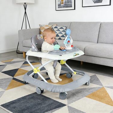 Дитячий вертел 4-в-1 з підносом для музичних занять, 4 регульовані висоти, складні ходунки для дітей від 6 до 18 місяців, вагою до 9 кг (сірий, 58 x 55 x 65 см) Сірий 58*55*65 см