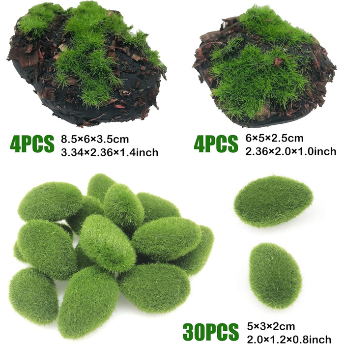 Учних мохових кульок, 30 декоративних штучних мохових каменів і 8 шт. учних мохових каменів із тирси для створення квіткових композицій, казкових садів і ремесел, 38 шт.