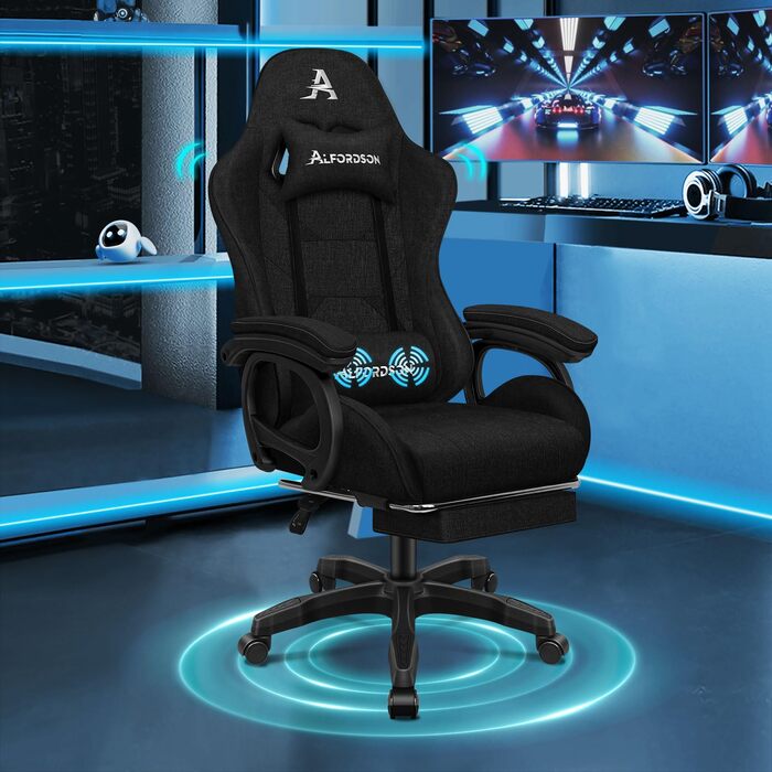 Геймерське масажне крісло ALFORDSON, комп&39ютерне офісне крісло з підставкою для ніг, 2-точкове масажне крісло, вантажопідйомність 180 кг, регульована спинка 90-150, ергономічне комп&39ютерне крісло, поворот на 360, лляна тканина, чорний лляний - темно-ч