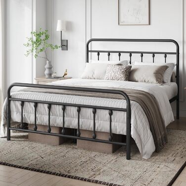 Ліжко Yaheetech Vintage Style Carpet 140 x 200 см з металевим каркасом та рейковою основою, сучасне гостьове ліжко, дитяче ліжко, чорне 140 x 200 см