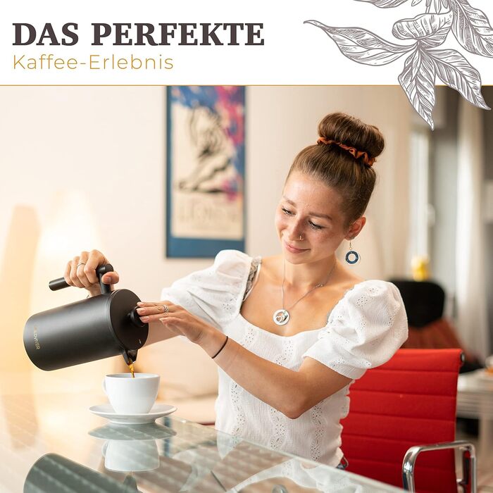 Голдвівер Френч-прес преміум класу 1 л Прес для кави з нержавіючої сталі S-304 Нержавіюча сталь Термоглечик з подвійними стінками 0,8 мм Чай/кава ізольована Ручна кавоварка матовий чорний