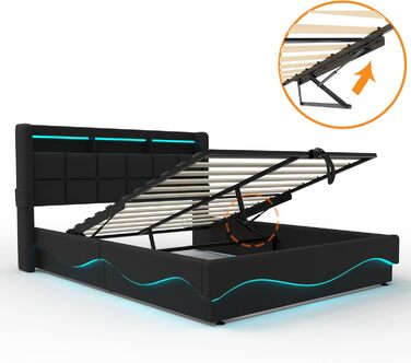 Ліжко-міні-гарнітур 140x200 см із зарядною станцією USB/Type-C, різнокольоровим світлодіодним підсвічуванням, полицею біля узголів&39я та великим місцем для зберігання під ліжком, шкіряне, чорне. Ліжко 140 x 200 см Ebd854-bk