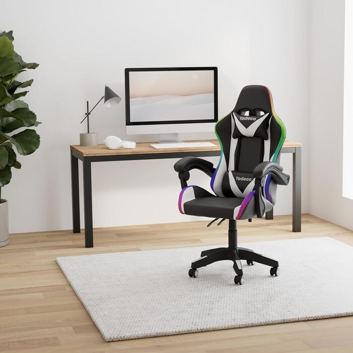 Ігрове крісло Todeco, масажне з підсвічуванням, світлодіодне гоночне крісло, ігрове крісло, ергономічне офісне крісло, регульована спинка, регульована висота, поворотне крісло з підголівником та поперековою подушкою, біле