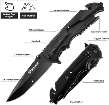 Багатофункціональний складаний ніж IKORES, 22-сантиметровий одноручний ніж з нейлоновими піхвами та кишеньковою кліпсою, відкривач