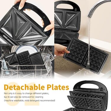 Сендвіч-машина Gotoll 3 в 1, Вафельниця Бутербродниця, гриль змінні тарілки, Бутербродниця, Знімні пластини з антипригарним покриттям, 750 Вт, Сервісний світлофор, Чорний