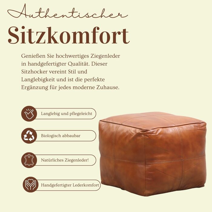 Вінтажний табурет Marrakech з подушкою для сидіння, включаючи наповнювач, виготовлений з натуральної шкіри Пуф-табурет Fjord кольору коньячного коричневого, заввишки 45 см Крісло-мішок для ніг як декор скандинавської спальні та вітальні