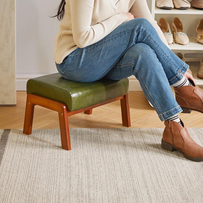 Невеликий пуф-табурет, прямокутний пуф-підставка зі штучної шкіри з м&39яким сидінням та дерев&39яними ніжками, сучасний низький пуф-підставка для вітальні/спальні, темно-зелений WBD013GR, 10.2H