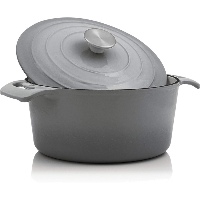 Л, Ø 24 см Чавунна емальована сковорода з кришкою Підходить для індукційних печей, підходить для духовки сірий каструля, горщик дл