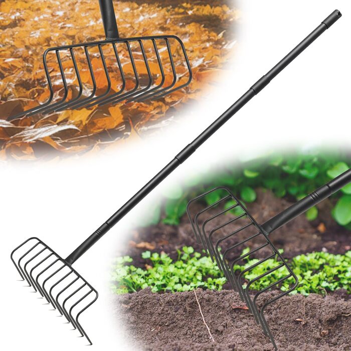 Гребінь садовий металевий 130 см для ландшафтного дизайну, 11 зубців, довга ручка. Великий садовий гребінь для розпушування ґрунту, вирівнювання газону, збору листя та догляду за травою.