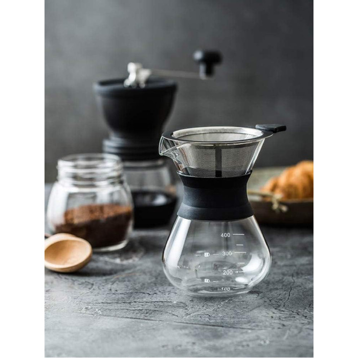 Ручний ручний фільтр для кавоварки YunNasi Pour Over Hand Coffee з нержавіючої сталі зі скляним фільтром (400 мл) чорний