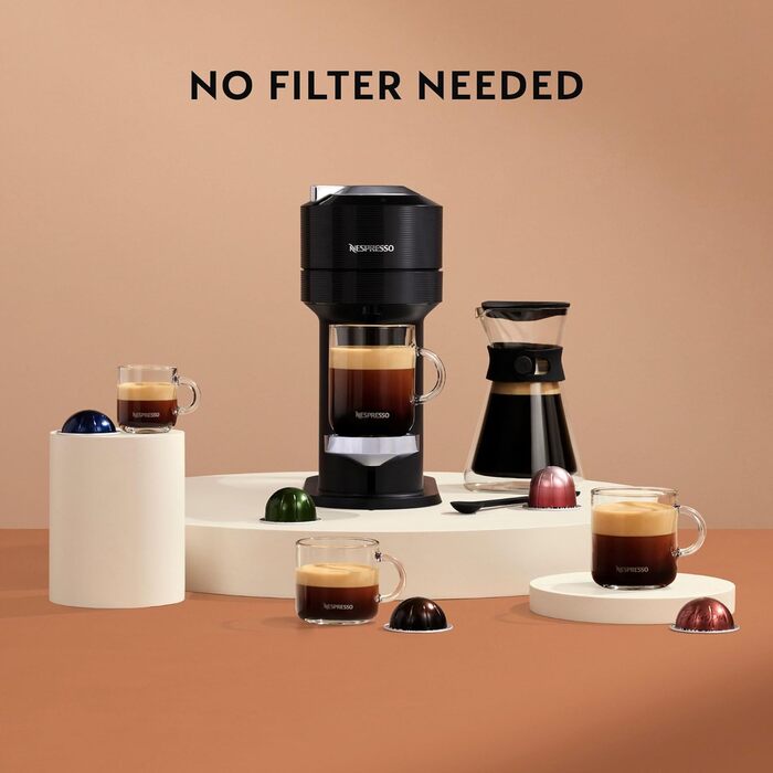 Кавова капсульна машина преміум-класу Nespresso Krups XN9108 Vertuo Next Резервуар для води 1,1 л Розпізнавання капсул за штрих-кодом 6 розмірів чашок Функція вимкнення живлення 54 переробленого пластику Чорний