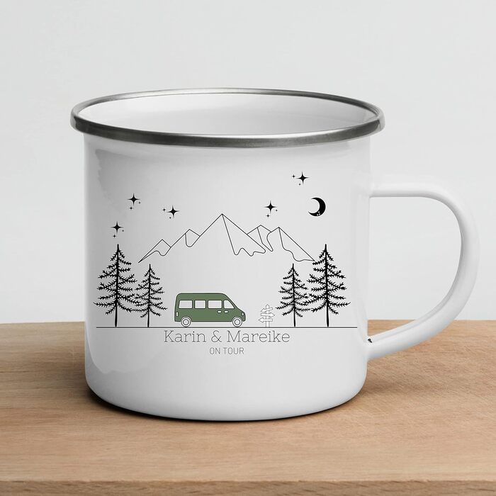 Емальована кружка Маленька Матильда, барвиста персоналізована кемпінгова кружка з іменем для кемперів, кавова кружка, аксесуар для караванів, кружка з нержавіючої сталі, подарунок для кемперів (зелений колір)