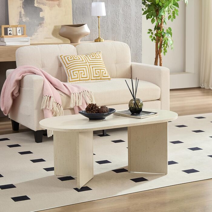 Овальний круглий журнальний столик, білий травертин під камінь 100 x 50 x 40 см (Д x Ш x В) Травертин білий