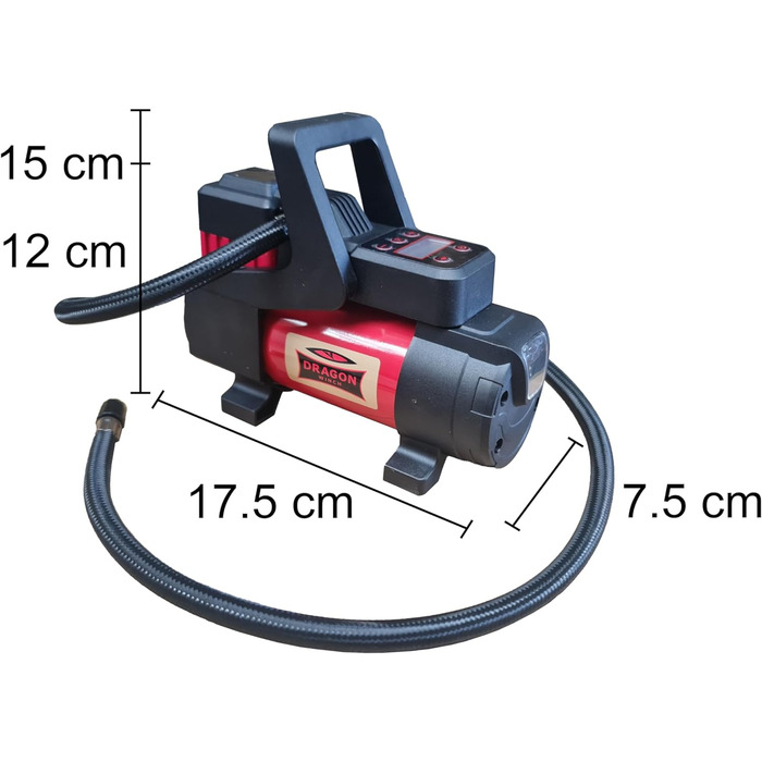 Компресор лебідки DRAGON зі світлодіодом 12 В 10,3 БАР / 150 PSI з продуктивністю 60 л/хв вбудований манометр, спіральний шланг з клапанним наконечником, сумка для транспортування, 3 змінні наконечники (10,3 БАР - 35 л/хв)