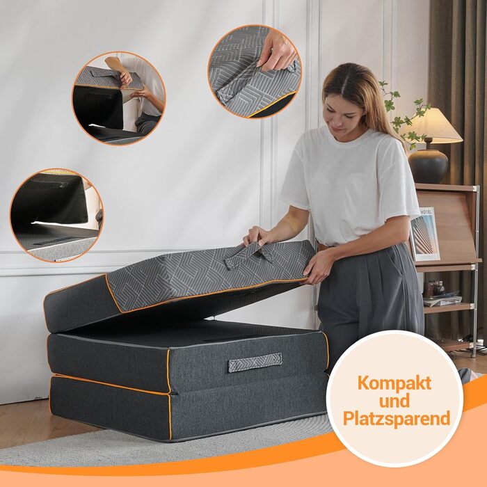 Зонний розкладний матрац 195x75x15 см, складний матрац для гостей та кемпінгу, піна з ефектом пам&39яті середньої жорсткості для оптимального комфорту сну, портативний з ручкою, сертифікований Oeko-Tex (сірий) 75x195x15 см, 7-