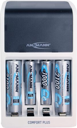 Зарядний пристрій ANSMANN Comfort Plus для акумуляторів типу AA, AAA та 9V з 3-контактним штекером для Великої Британії, швидка зарядка та швидке тестування ємності