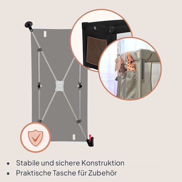 Дорожнє ліжечко Lionelo Ellen 3-в-1 для дітей від 0 до 3 років, приліжкове ліжечко для новонароджених та дітей старшого віку до 15 кг, 2 рівні висоти матраца, ремені кріплення, бічна блискавка, 2 колеса, сумка, чорний колір