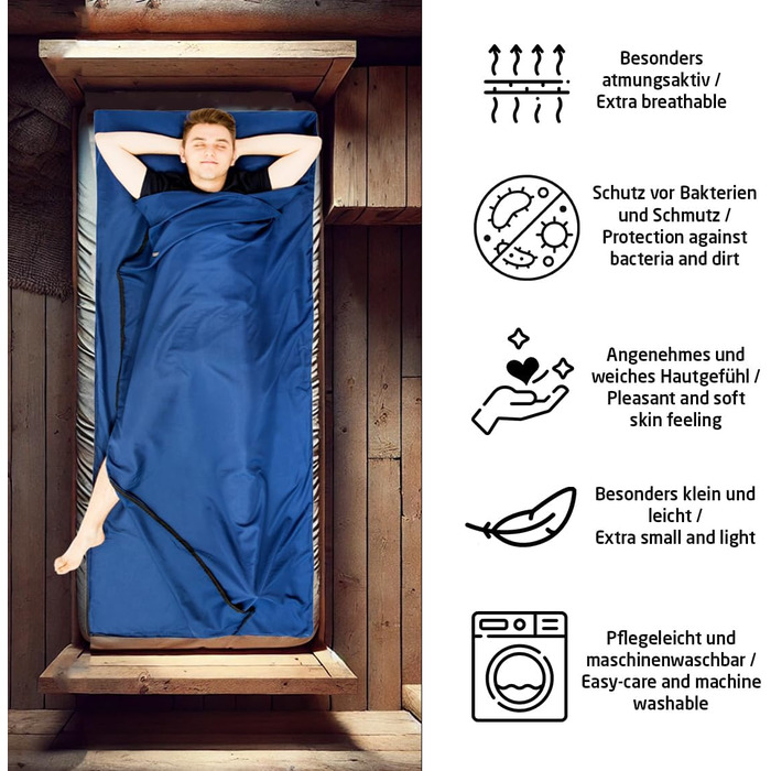 Ультралегкий спальний мішок 2-в-1 із блискавкою (лівий або правий) тонкий, зручний дорожній спальний мішок та дорожня ковдра XL в одному - літній спальний мішок, внутрішній спальний мішок темно-синього кольору - блискавка праворуч