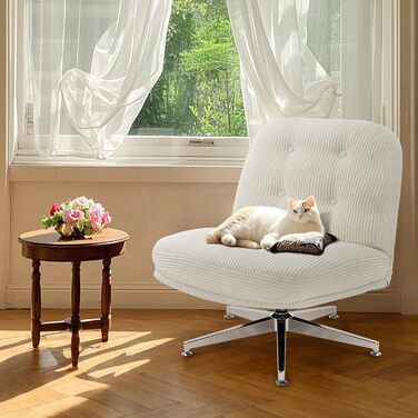 Офісне крісло IWMH без підлокітників, крісло для вітальні зі схрещеними ніжками, ергономічне поворотне крісло з надзвичайно великою тканинною подушкою, письмове крісло для домашнього офісу, туалетний столик, спальня (біле)