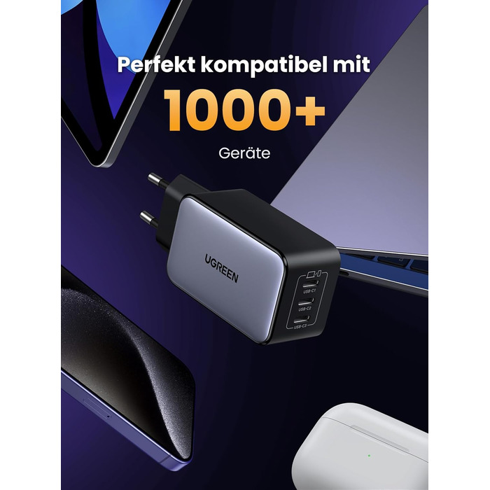 Адаптер живлення з 3 шт. USB-C портом швидкої зарядки Компактний зарядний пристрій, сумісний з MacBook Pro/Air, ноутбуком HP, iPad