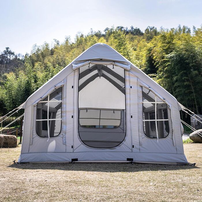 Зимовий надувний намет-будиночок XXL, сімейний намет на 6-8 осіб, надувний кемпінговий намет з насосом, 4-сезонний розкладний намет, великий XXL намет для вулиці з димоходом, сірий, 385x260x200 см