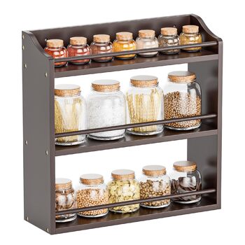 Рівнева підставка для спецій з бамбукового дерева, банки для спецій, полиця-органайзер для спецій або рукоділля, кухонна стільниця або настінне кріплення (коричневий колір), 3-
